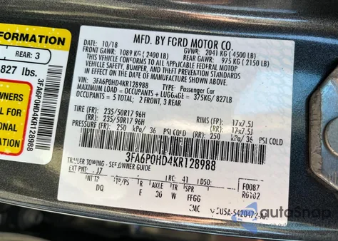 2019 Ford Fusion Se из США, поврежденный, VIN 3FA6P0HD4KR128988